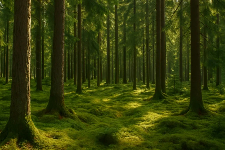 Sunlit coniferous forest with moss-covered ground, representing sustainably managed woodlands certified by FSC and PEFC, which provide virgin fibres for high-quality cardboard